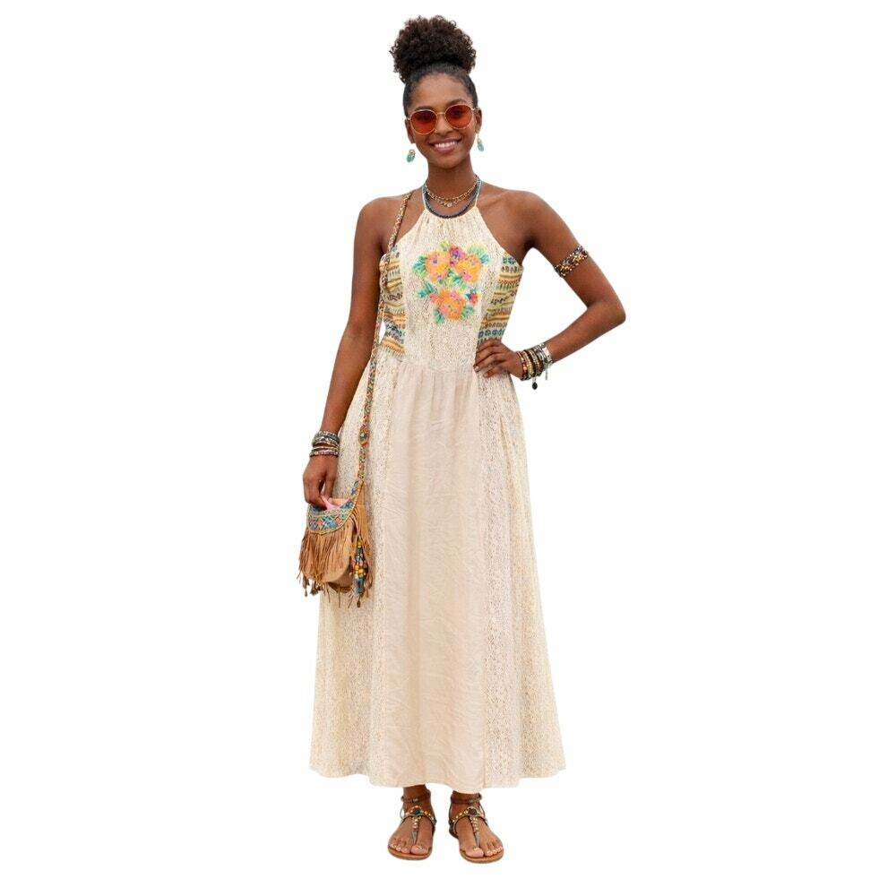 Boho Embroidered Lace Festival Maxi Dress Crochet Lace Halter L